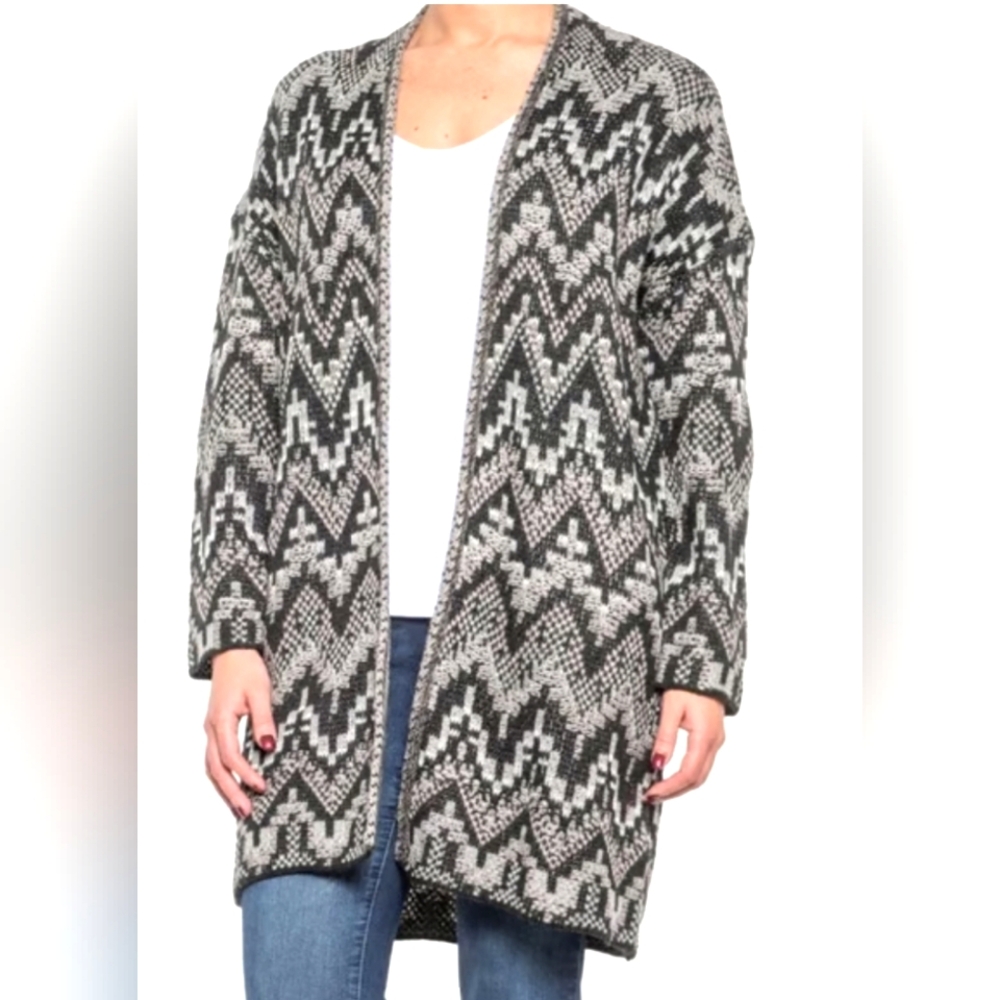 Lucky Brand Ikat Cardigan XS Gray Black Boho Wool Blend